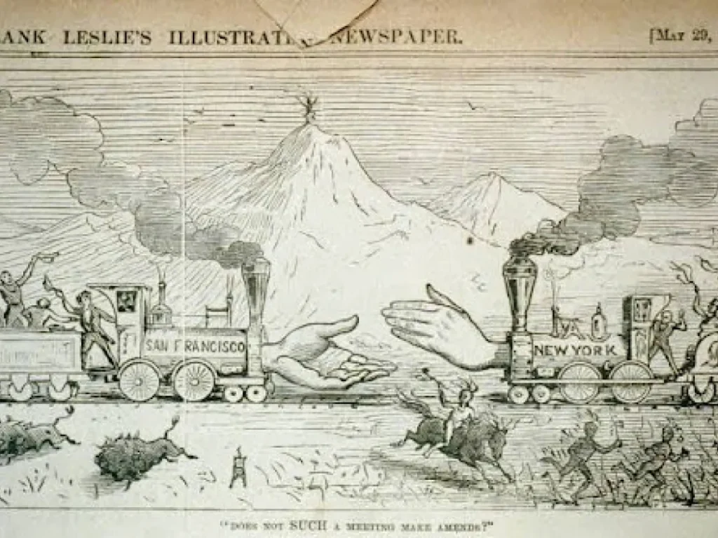A vintage newspaper illustration shows two steam trains labeled "San Francisco" and "New York" meeting on tracks, with large hands extending from each train to shake, symbolizing the connection between the coasts. A mountain is in the background.