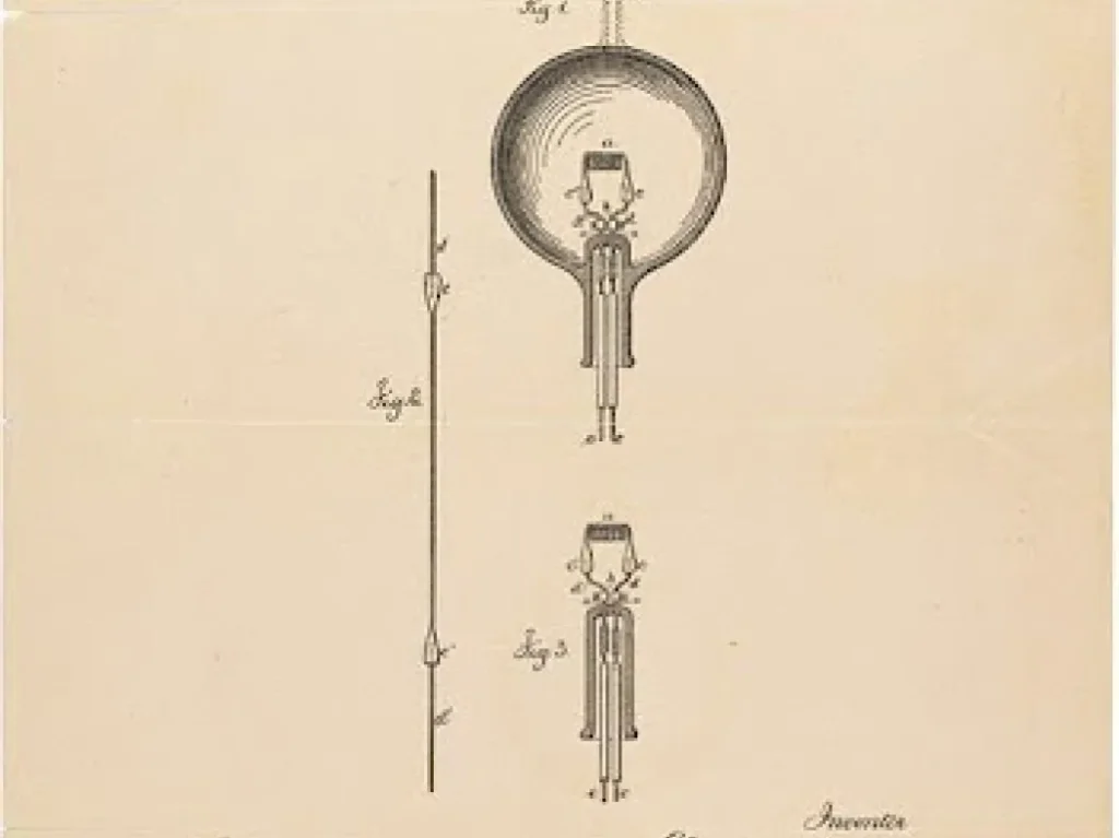 A vintage technical drawing of an early light bulb design, showing labeled diagrams from different angles, including a cross-section and detailed internal components.