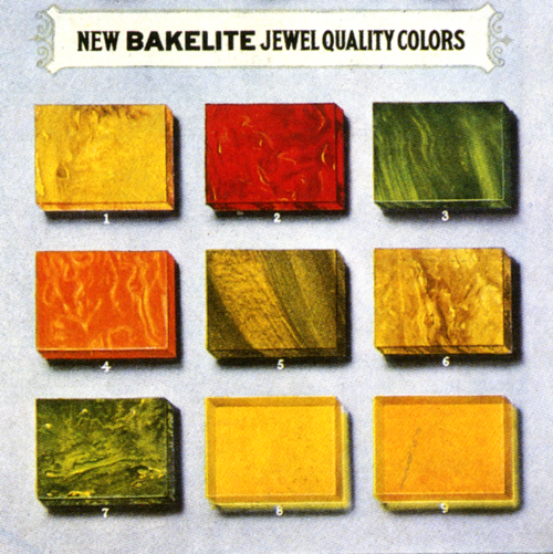 Nine rectangular samples of Bakelite in various marbled colors, including yellow, red, green, and orange, displayed in a 3x3 grid under the heading "New Bakelite Jewel Quality Colors." Each sample is numbered 1 to 9.