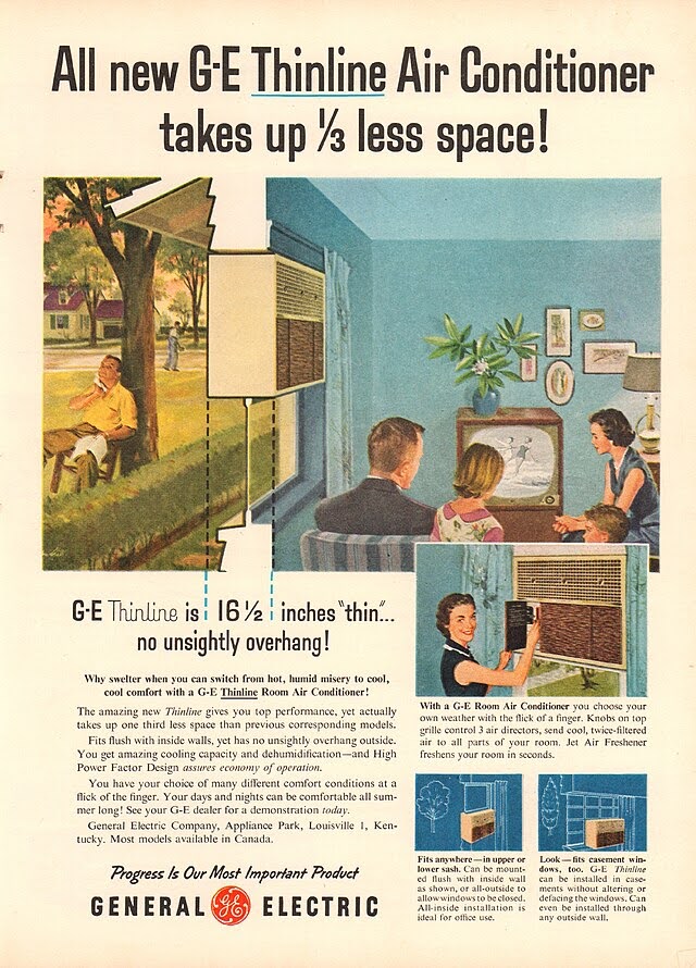 A vintage General Electric ad shows a family in a living room enjoying a G-E Thinline air conditioner mounted in the window, with an illustrated comparison highlighting its slim, space-saving design.