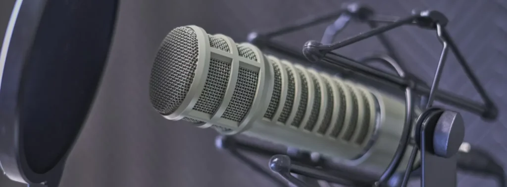 Close-up of a professional studio microphone with a pop filter, mounted on a shock mount, against a blurred background with acoustic foam panels.