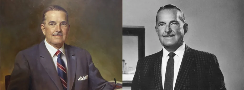 A side-by-side image showing a painted portrait of a man in a suit and tie on the left, and a black-and-white photograph of the same man, also in a suit and tie, on the right.