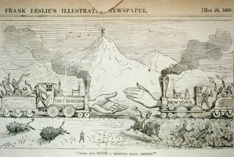 A black-and-white 1869 newspaper illustration shows trains labeled "San Francisco" and "New York" meeting on tracks, their passengers cheering as large hands reach out to shake in front of a mountain, symbolizing the transcontinental railroad's completion.