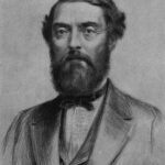 A black and white sketch of a bearded man wearing a suit, vest, and bow tie, facing forward with a neutral expression. The image has a vintage, historical style.